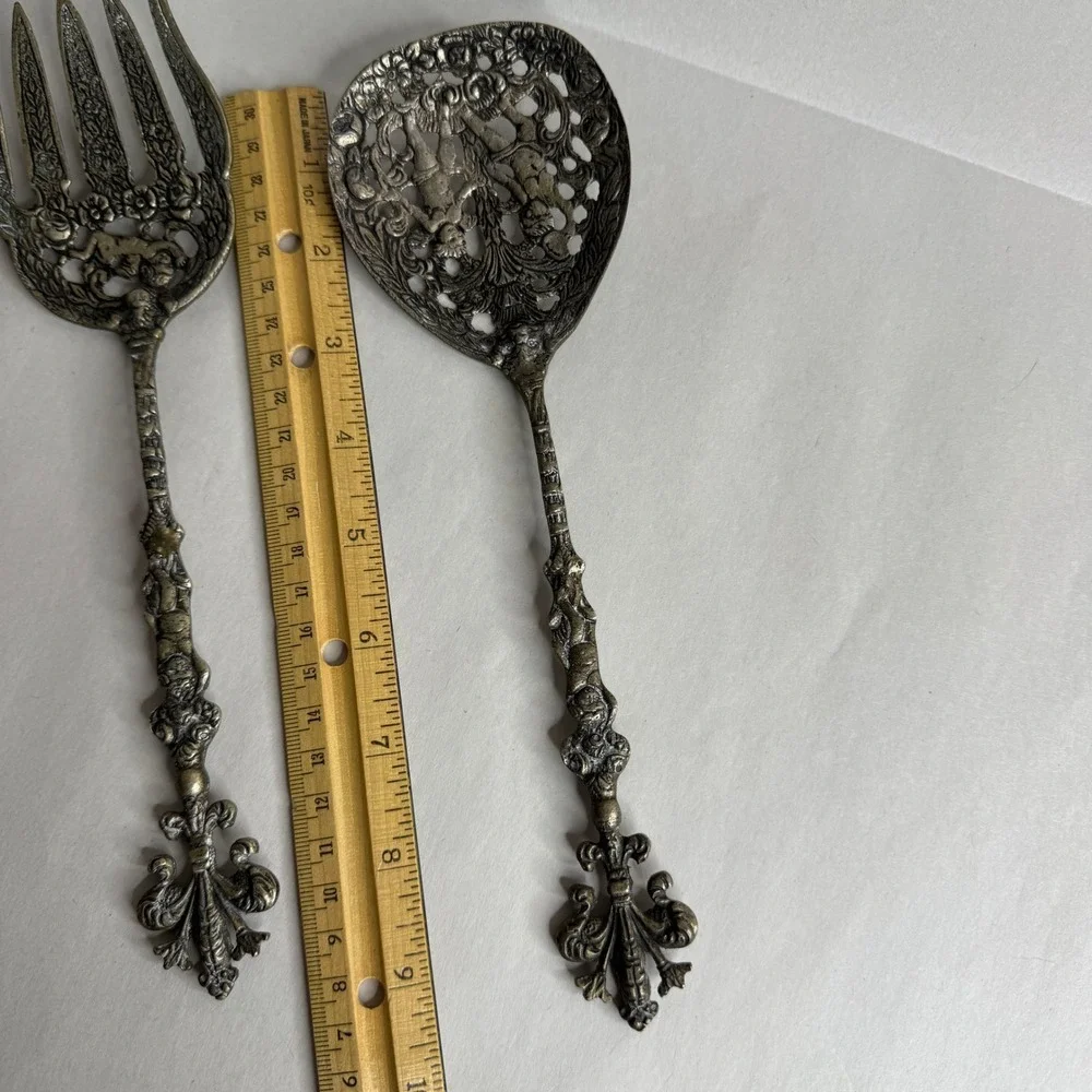 Vintage Italian Cherub Salad Servers Set Ornate Putti Fleur De Lis Italy
